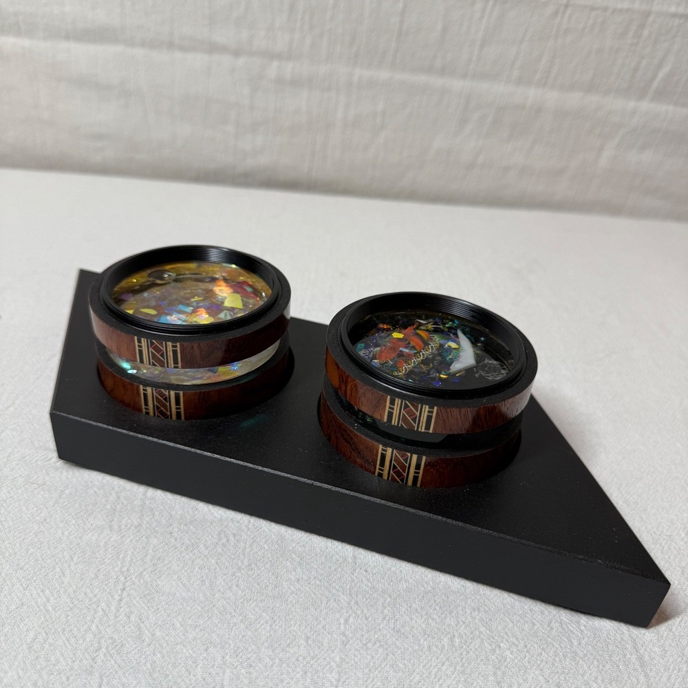 Handcrafted Dual Kaleidoscope Object Cells Dichroic Glass Wood Display Stand Art